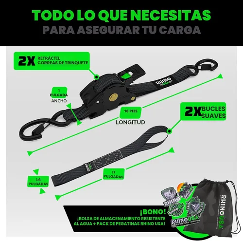 Vista 5 de Rhino USA Correas de trinquete retráctiles (paquete de 2) – 1 pulgada x 10 pies (1,209 libras de resistencia a la rotura) – Correas de amarre auto