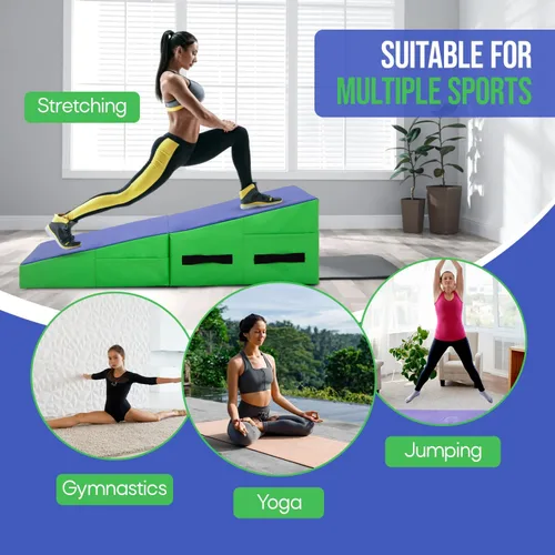 Vista 7 de Colchoneta de gimnasia inclinada, esterilla de yoga para gimnasio en casa, alfombrilla de ejercicio plegable con superficie de poliuretano Azul