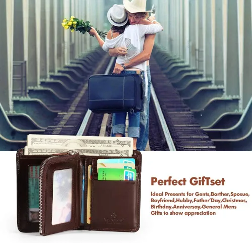 Vista 13 de Billetera para hombre con cremallera de cuero genuino RFID tarjeteros de piel de vaca con cremallera bolsillo para monedas, carteras plegables