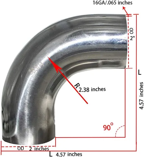 Vista 2 de Codo de Mandril de 90 Grados de Acero Inoxidable de 2" - Pared 16GA/.065" - Tramo de 1.5" - Tubería de Codo de Escape de Acero Inoxidable SS304