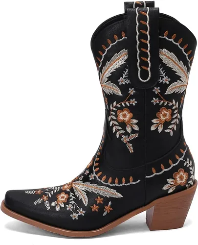 Vista 2 de LIPIJIXI Botas vaqueras bordadas para mujer, botas vaqueras para mujer, botas vaqueras florales de tacón bajo y grueso