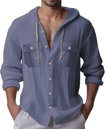 Vista 6 de Sudaderas con capucha de lino y algodón para hombre, camisas guayabera de manga larga con capucha con cordón y botones, camisas de playa