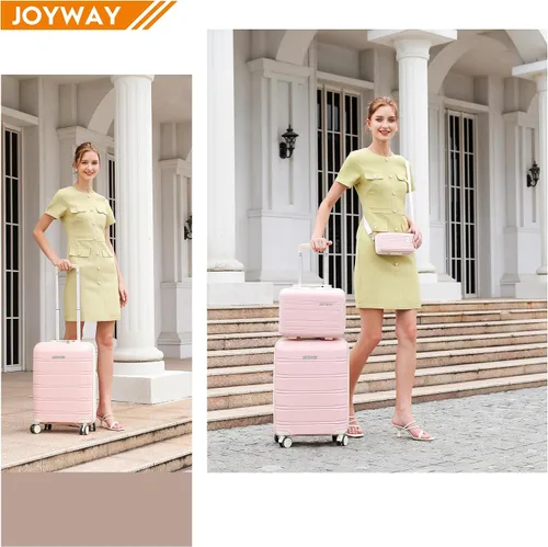 Vista 7 de Joyway Equipaje de 5 piezas, equipaje de viaje ligero con cierre TSA, juego de equipaje, maleta con ruedas giratorias para mujer, Rosado