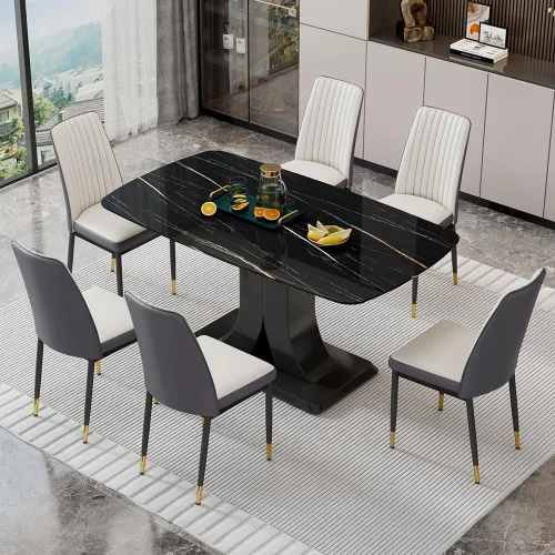 Vista 16 de Juego de mesa de comedor moderno para 6, juego de mesa de cocina y sillas de mármol para 6, mesa de cocina rectangular con 6 sillas tapizadas