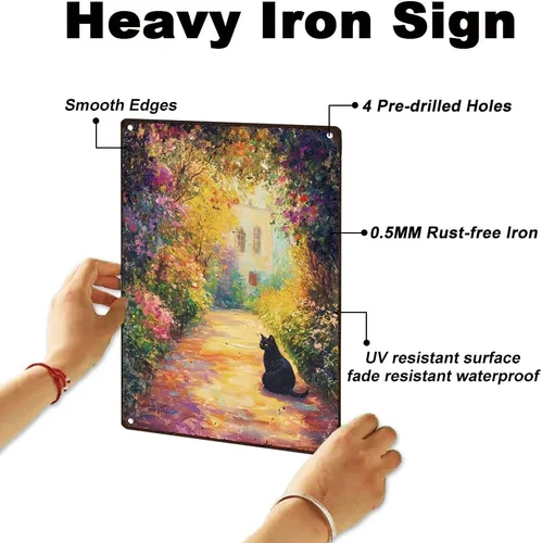 Vista 3 de Cartel de metal retro para decoración de pared con diseño de gato negro y jardín, 8 x 12 pulgadas, pintura al óleo de primavera, póster artístico