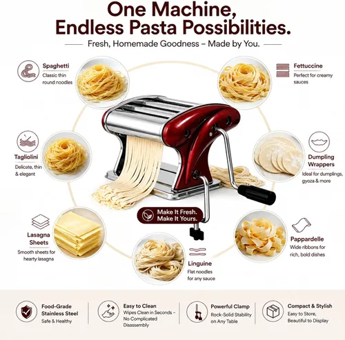 Vista 8 de XINGYUEXUAN - Máquina manual para hacer pasta, de acero inoxidable con manivela con cortadores de 0.079 pulgadas y 0.157 pulgadas, rodillo de masa
