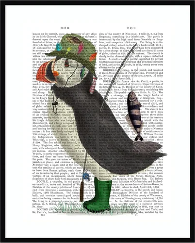 Vista 10 de Amanti Art Framed Wall Art Print 21x17 Puffin Fishing by Fab Funky, Animals Wall Art, Whimsical Decor, Small Poster Painting Artwork for Living