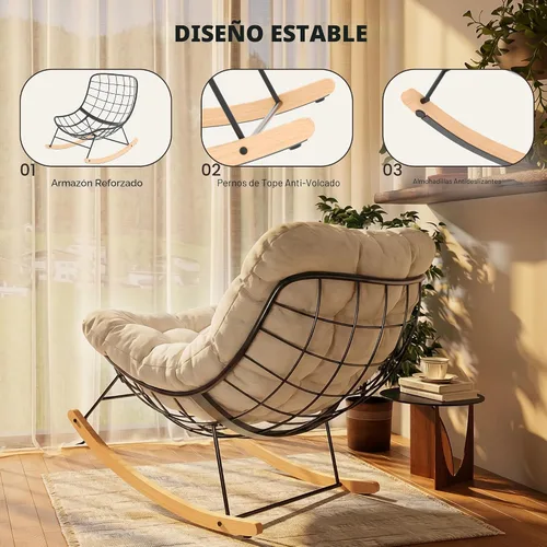 Vista 5 de FLEXISPOT Mecedora de gran tamaño para exteriores con asiento acolchado grueso, color beige