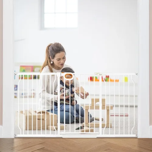 Vista 7 de Puerta extra ancha para bebés con puerta montada a presión de 57.5 a 62.2 pulgadas, puertas de seguridad para perros, puertas de seguridad para Negro