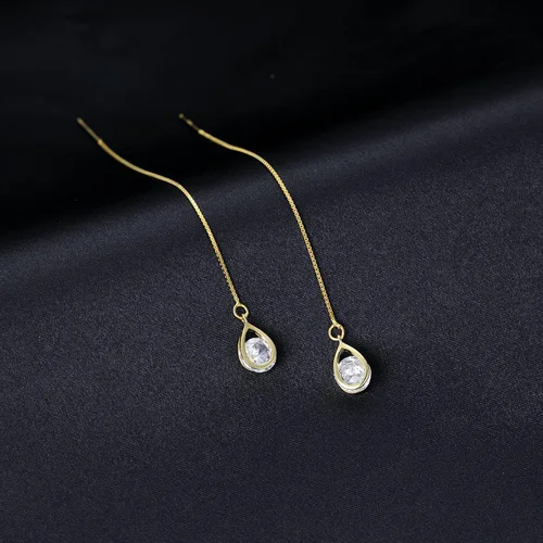 Vista 6 de Reffeer Solid 925 Sterling Silver CZ Droplet Chain Dangle Earrings for Women Girls Crystal Dangle Earrings Threader Tassel