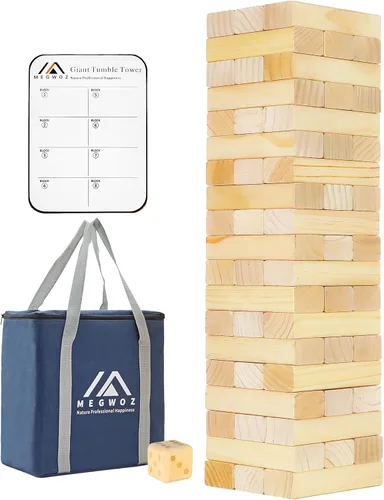 Vista 8 de Megwoz Juegos de torre de caída mediana para niños y adultos, 66 bloques de madera de pino de Nueva Zelanda apilados a 3.5 pies, juegos familiares