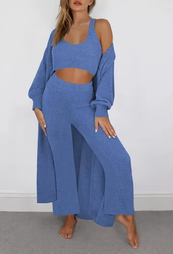 Vista 5 de VamJump Conjunto de 3 piezas para mujer, con cuello redondo, pantalones de cintura alta, cárdigan abierto al frente, conjunto de cárdigan
