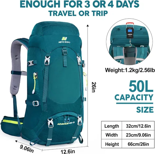 Vista 3 de N NEVO RHINO - Mochila de senderismo con marco interno 50, 60, 65, 70 y 80 L, mochila impermeable para escalar, camping, con cubierta de lluvia