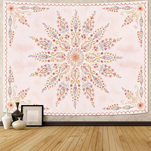 Vista 23 de Fowocu Tapiz bohemio con mandala floral para colgar en la pared, medallón de flores bohemias, tapiz estético, beige, naranja, hippie, indio, pequeño