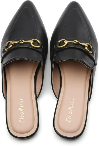 Vista 2 de Mules con hebilla para mujer, puntera puntiaguda, sin espalda, planas, deslizantes, zapatos tipo mocasín