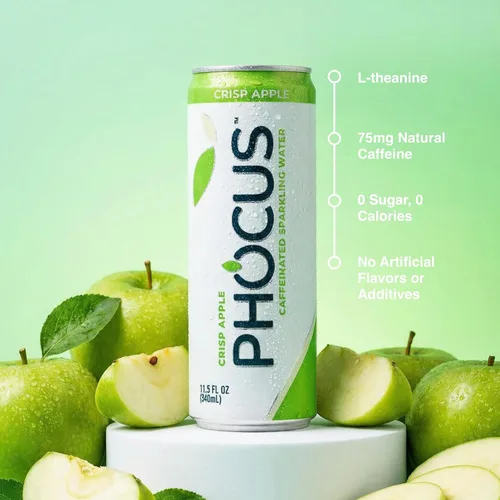 Vista 4 de Phocus Energy Boost, manzana crujiente Sin azúcar 75 mg de cafeína + L-teanina 0 calorías Sabores naturales y edulcorantes 11.5 onzas