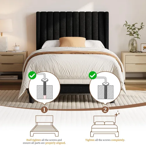Vista 9 de Yaheetech Base de cama individual tapizada con cabecera de tela, diseño de borde de ala, antideslizante y sin ruido, soporte de listones de madera