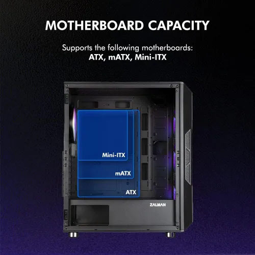 Vista 8 de Zalman i3 NEO Carcasa de PC ATX de Torre Media, 4 ventiladores RGB fijos preinstalados para alto rendimiento de flujo de aire, puerta oscilante