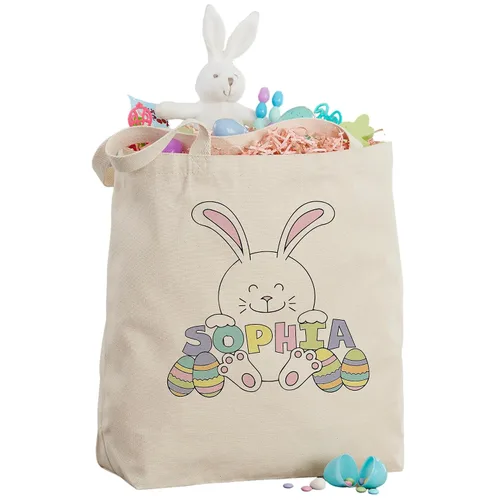 Vista 3 de Personalization Universe Bolsas de lona personalizadas de conejo de Pascua, para la primera Pascua o búsqueda de huevos, bordadas con cualquier