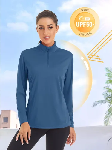 Vista 3 de TACVASEN Camisas de manga larga con protección solar UPF 50+ para mujer, con cremallera de 14, ligera, de secado rápido