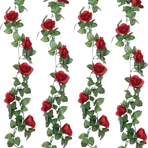 Vista 7 de Syhood Guirnalda de rosas artificiales, enredaderas y hojas, pancartas colgantes, guirnalda floral falsa para boda, arco, ceremonia, hogar, jardín