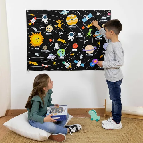 Vista 9 de BONNYCO Sistema Solar para Niños Juguetes con 61 Figuras de Fieltro. Juguetes Montessori del Espacio, Regalos de Cumpleaños para Niñas y Niños