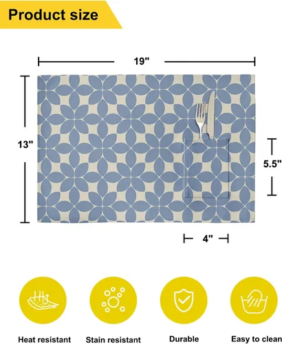 Vista 6 de Juego de 6 manteles individuales geométricos azules para mesa de comedor, manteles individuales de lino de algodón con bolsillo, tapete de arpillera