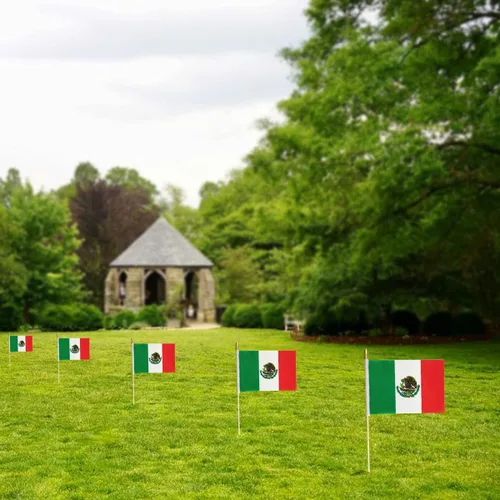 Vista 7 de QQSD Mini banderas de mano con bandera mexicana de México, poste de madera maciza con punta de lanza, paquete de 12