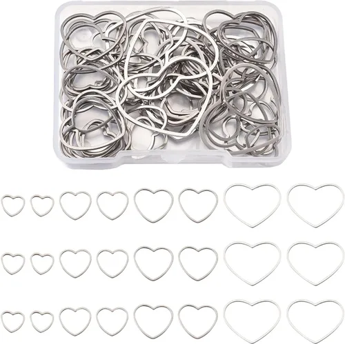 Vista 25 de FASHEWELRY 35 anillos de acero inoxidable con eslabones de corazón, 4 tamaños, diseño de corazón dorado, bisel abierto, conectores para colgar