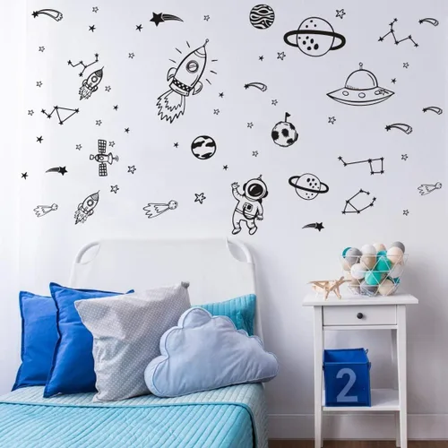 Vista 2 de Adhesivo de vinilo para habitación de niños, diseño de astronauta espacial Negro