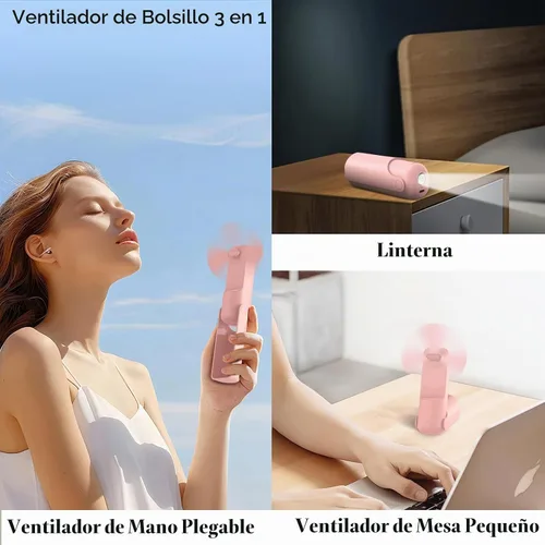 Vista 3 de Mini ventilador de mano portátil, 3 en 1, plegable, recargable, de bolsillo, de mano, linterna, ventilador de mesa, regalos de cumpleaños para Rosa