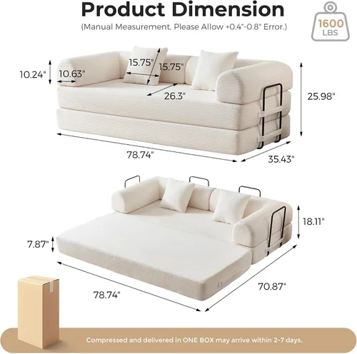 Vista 2 de Sofá cama convertible 5 en 1 de 79 pulgadas, sin montaje, sofá cama sin hueso con espuma de alta densidad, sofá cama plegable, sofá modular de pana