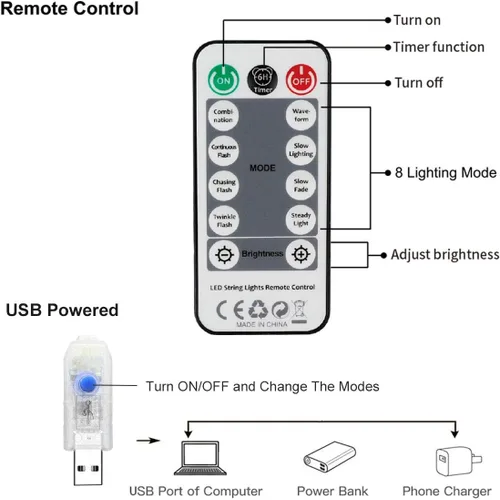 Vista 6 de YEOLEH Guirnalda de luces de cortina, luces de cortina de alambre de cobre impermeables con control, 8 modos de luces USB enchufables, buenas