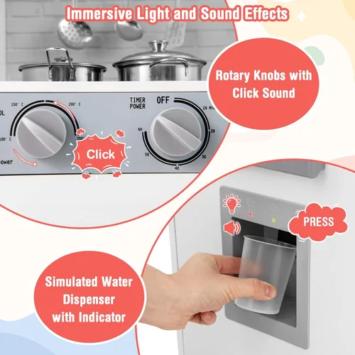 Vista 3 de Costzon Juego de cocina para niños, juego de madera para niños pequeños con luces y sonidos reales, fregadero, grifo, dispensador de agua, Blanco