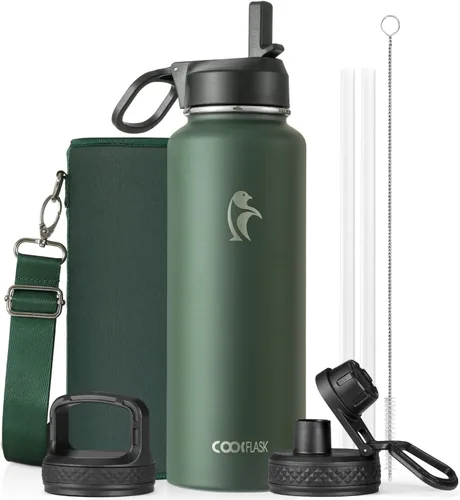 Vista 94 de Coolflask Botella de agua de 24 onzas aislada con pajilla, 3 tapas de metal de acero inoxidable, botella de agua de boca ancha para deportes u
