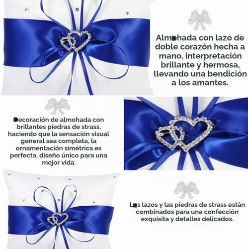 Vista 3 de Tyenaza Almohada portadora de anillo, almohada de anillo de boda de 7.8 pulgadas, soporte para anillo azul real, cojín de doble corazón