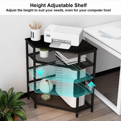 Vista 4 de VEDECASA Soporte de esquina para impresora con mesa, toma de corriente, puertos USB, estante de almacenamiento ajustable, soporte para torre de Negro