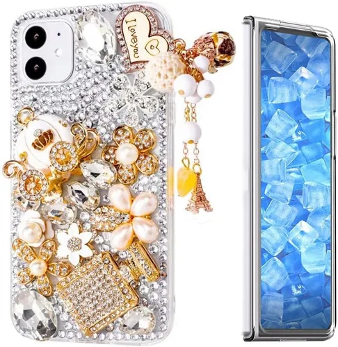 Vista 6 de Sparkle - Funda para teléfono compatible con Samsung Galaxy Z Fold 3 5G, elegante, hecha a mano en 3D, con diamantes de imitación, diseño