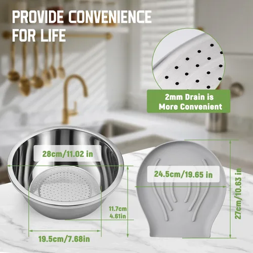 Vista 5 de Goldusk - Colador de acero inoxidable 304 con base autodrenante, base de silicona de grado alimenticio, colador grande para cocina, colador
