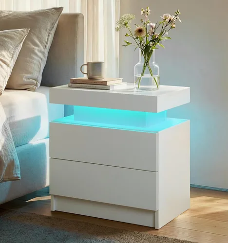 Vista 11 de Generic Juego de 2 Mesitas de noche con 2 cajones, mesa de noche con cajones para muebles de dormitorio, mesa auxiliar con luz LED, color negro