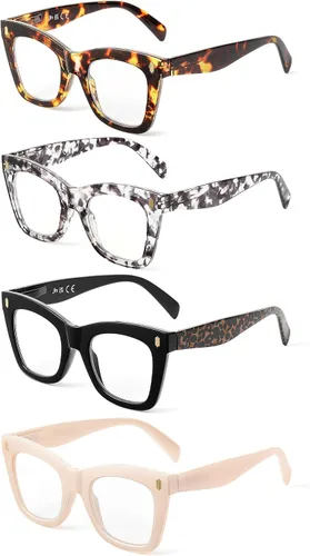 Vista 3 de JM - Paquete de 4 anteojos de lectura sobredimensionados para mujeres, estilo ojo de gato a la moda, estilo Oprah, con bloqueo de luz azul, anteojos