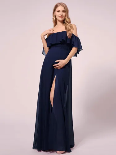 Vista 4 de Ever-Pretty Vestido de fiesta de embarazo con hombros descubiertos y abertura lateral larga de gasa con volantes para mujer, vestidos de fotografía