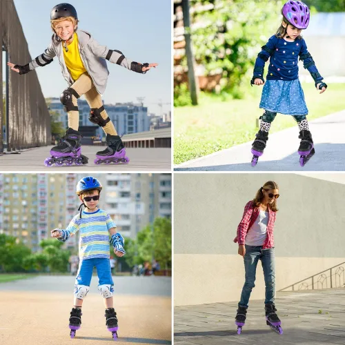 Vista 6 de Patines en línea ajustables para niños, niñas y niños, color morado y negro, todas las ruedas iluminan patines para niños principiantes al aire