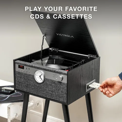 Vista 6 de Victrola Century Signature+ - Tocadiscos 6 en 1, color negro 6-in-1 plays vinyl, CD, cassette and aux, analog clock, 18" legs included