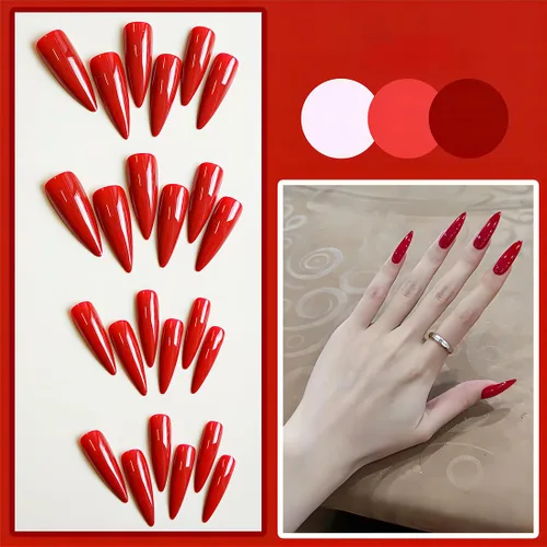Vista 6 de Uñas postizas largas a presión con forma de almendra, uñas postizas acrílicas de color sólido con diseño de espejo de lujo, uñas artificiales