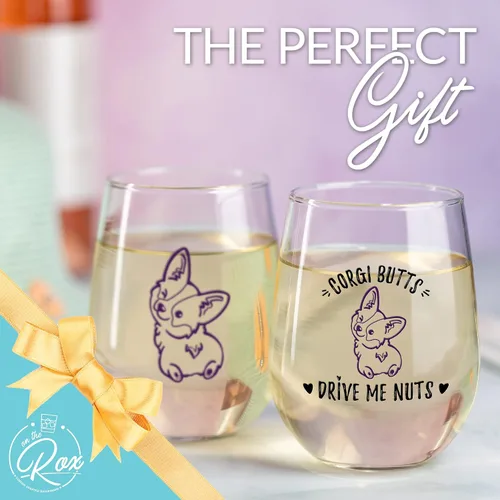 Vista 5 de On The Rox Corgi Gifts - Corgi B*tts Drive Me Nuts - Juego de 2 copas de vino sin tallo de 15 onzas