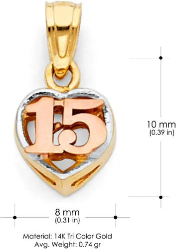 Vista 3 de Ioka 14K Tri Color Gold Sweet 15 Years Quinceanera Heart Charm Pendant with 1.5mm Valentino Chain Necklace
