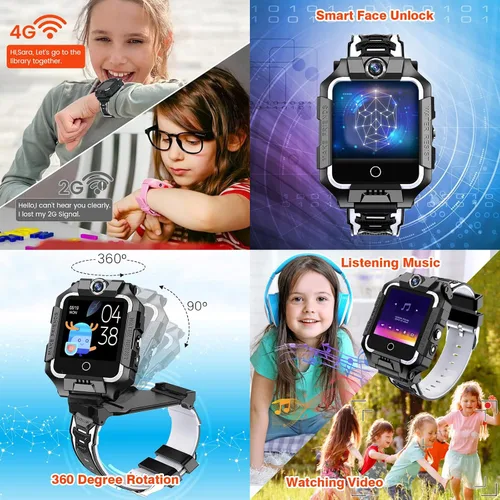 Vista 8 de Reloj 4G para niños, teléfono T10, divertido reloj inteligente con pantalla de rotación de 360°, cámara dual para niños y niñas, IP67, impermeable