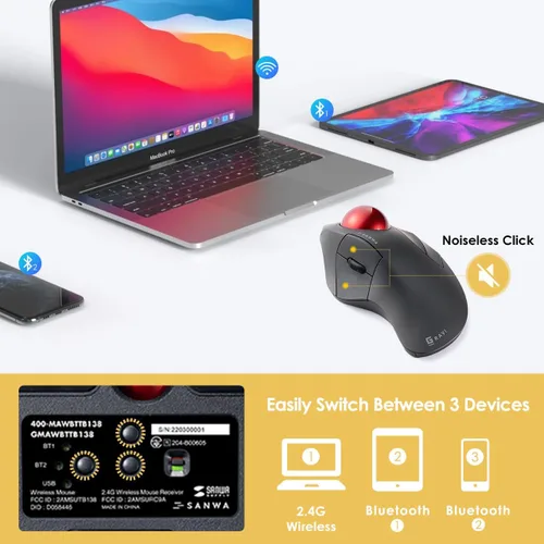 Vista 4 de SANWA Ratón ergonómico inalámbrico Bluetooth 5.1 + 2.4 G, mouse de bola de control de dedos, interruptor de 3 dispositivos, botones programables