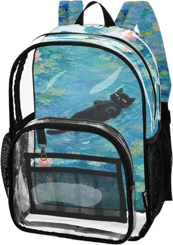 Vista 10 de Mochila transparente con diseño de gato negro y helado para la Lirios de gato azul